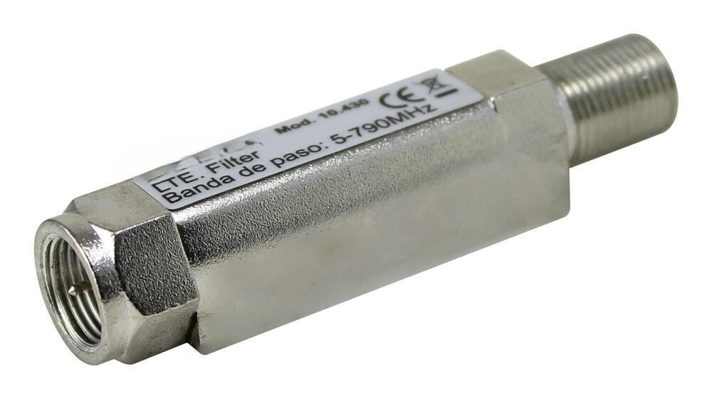 filtro LTE - con conector hembra F a conector macho F, diseñado para optimizar la señal de antenas LTE, ideal para instalaciones de telecomunicaciones. #