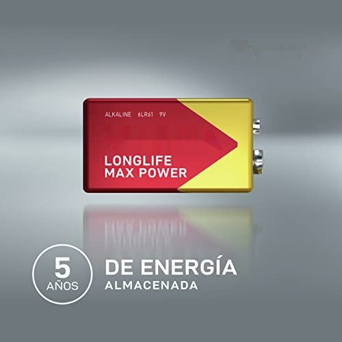 pila 9v long life max power 6lr61 - dimensiones 26,5x17,5x48,5mm, ideal para dispositivos electrónicos y equipos de seguridad.