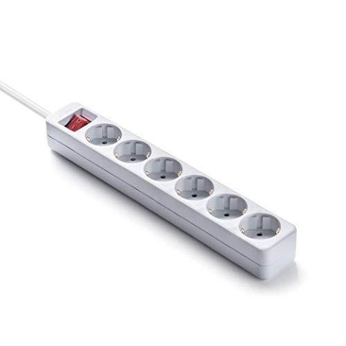 regleta 6 vías con interruptor, 1,5 m, 3g, 1,5 mm² blanca y gris, ideal para múltiples conexiones eléctricas y protección de dispositivos.
